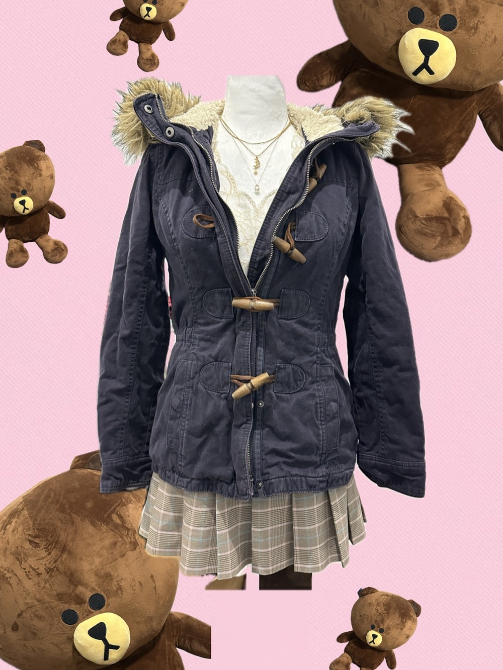 vintage abercrombie and fitch navy blue jacket w/ faux fur hood and fur lining